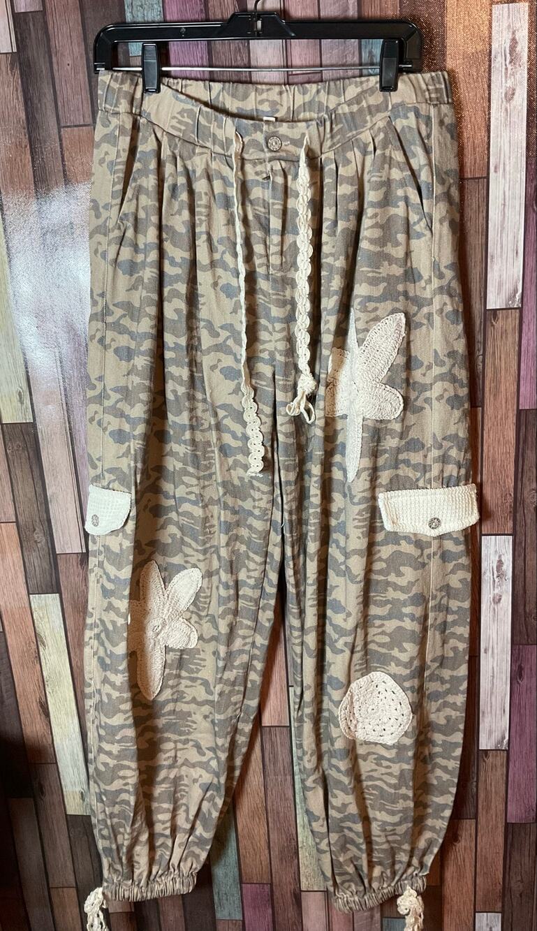 POL brand Camo Denim Joggers Crochet Patchwork Drawstring Waist Medium NWT - Picture 1 of 3